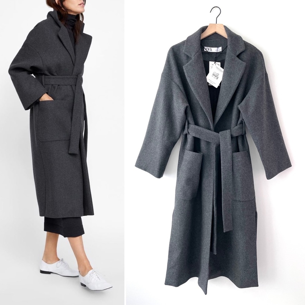 ZARA Wool Blend Side Split Wrap Coat Gray Size S